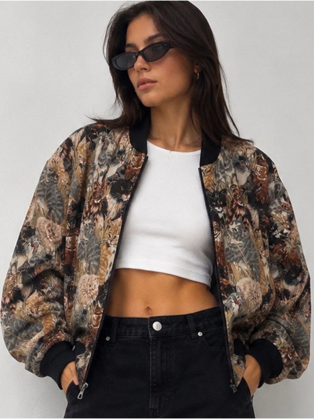 Vintage 90s Cat Print Bomber Jacket OSFM Cotton Novelty Grunge Cottagecore